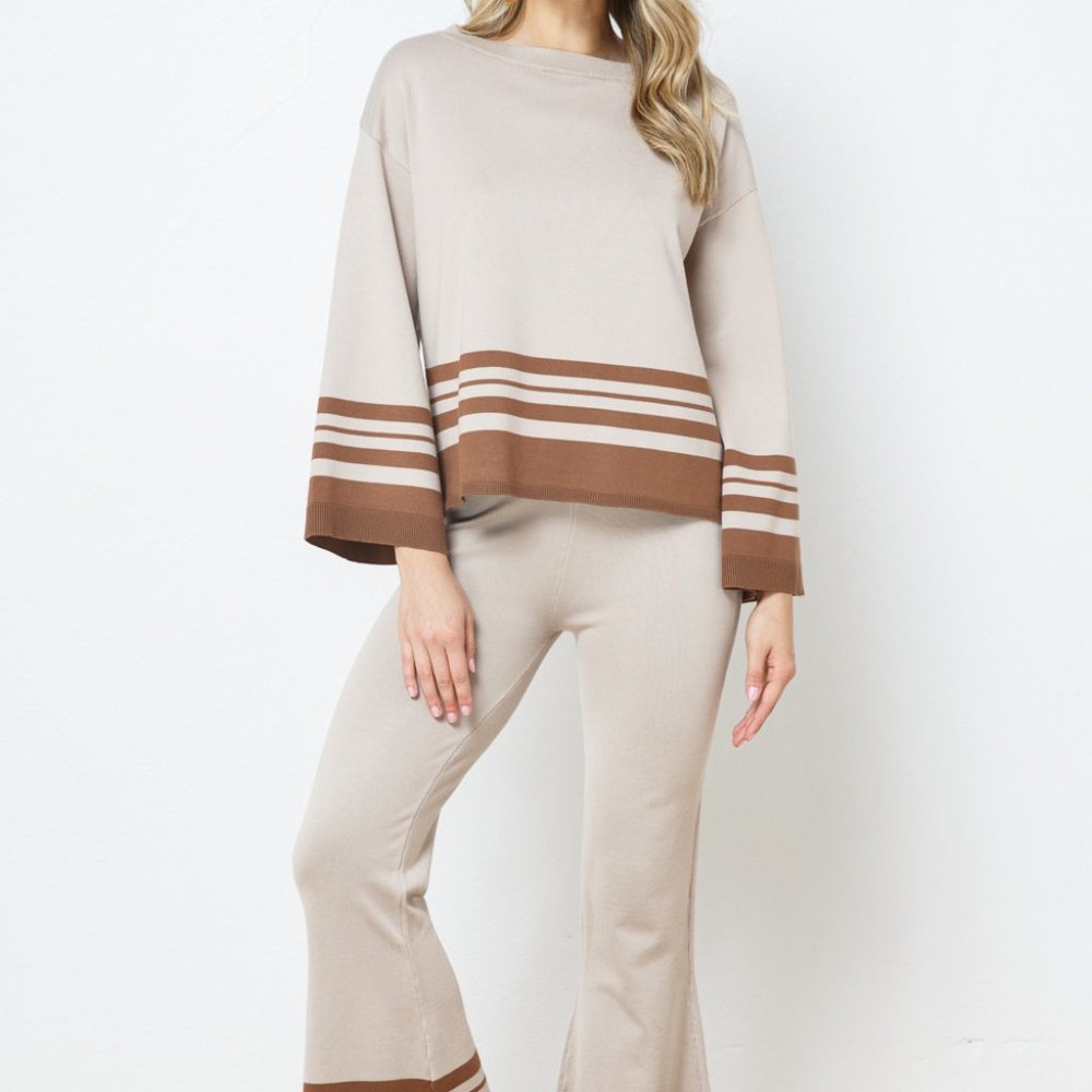 Striped Bell Sleeve Boat Neck Sweater and Bell Bottom Sweats Set